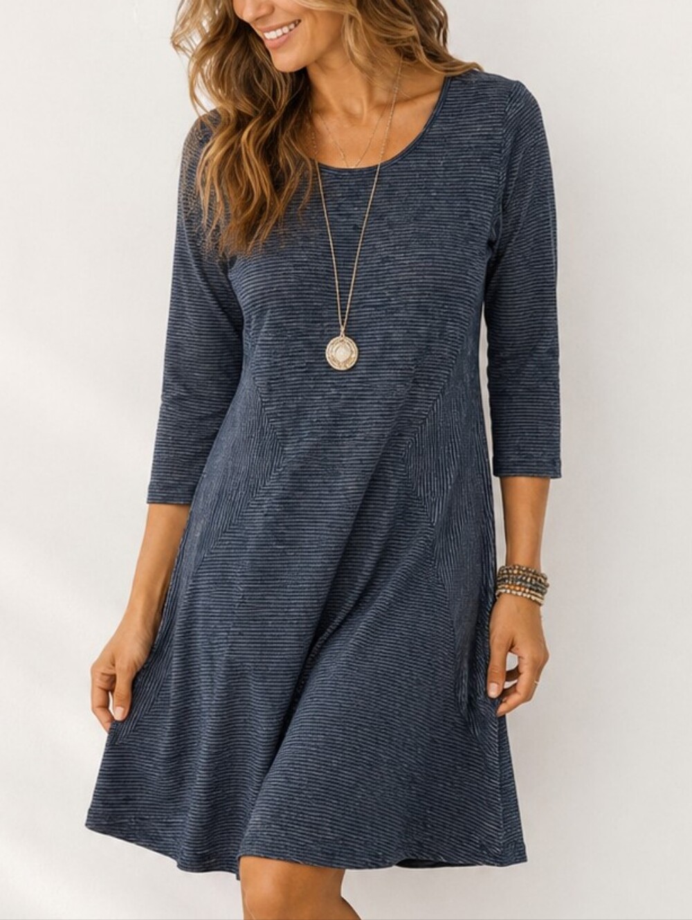 Comfy USA A-line Blue Knit Dress Knee Length Made In USA Women's Large